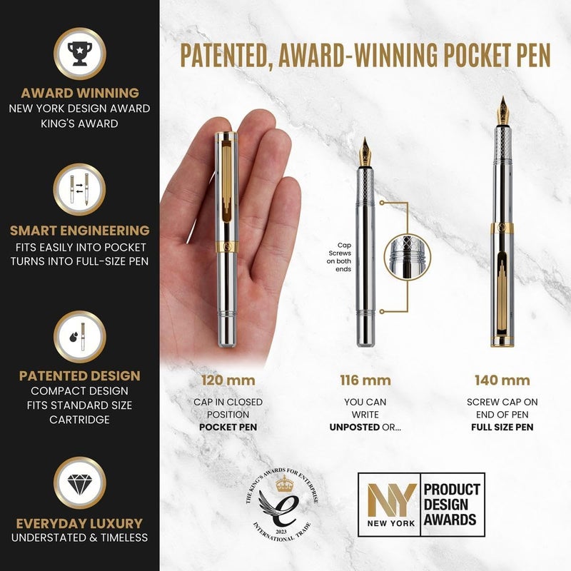 Scriveiner Luxury EDC Fountain Pen (Medium), Stunning Silver Chrome Luxury Pen, Real Gold Plating, Schmidt German Nib, Converter, Writing Gift Set for Men & Women, Nice Fancy Office Designer Pen - Image 4
